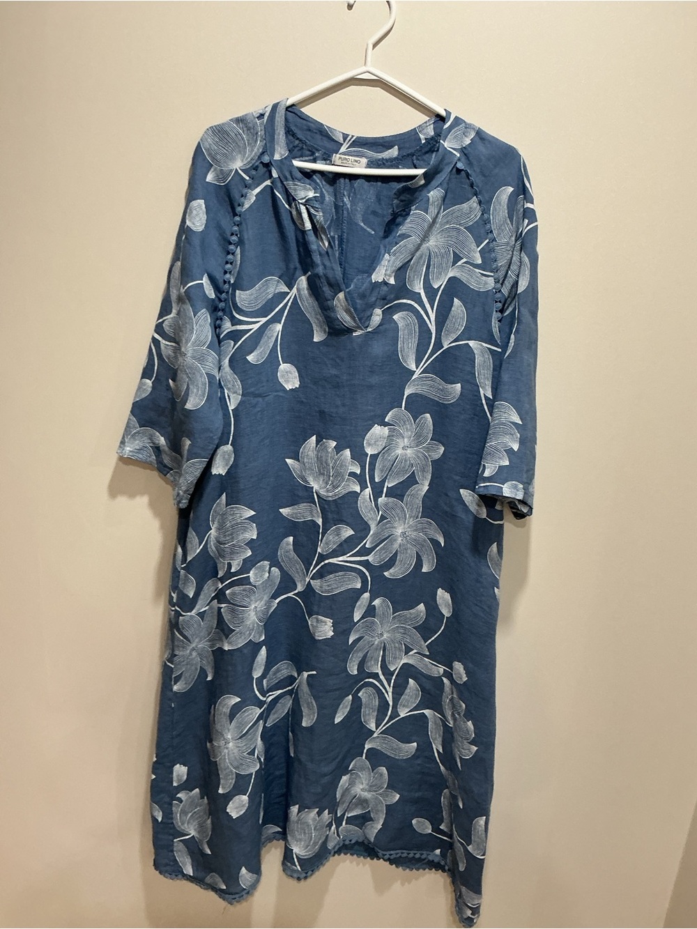 Puro Lino linen dress size large in blue print